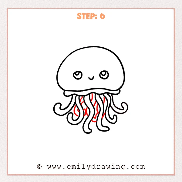 how to draw a cartoon jellyfish - Step 6 shows a cartoon jellyfish with thin, partially hidden back tentacle lines added behind the front tentacles.